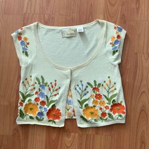 ANTROPOLOGY,BEAUTIFUL,CROPPED SHORT SLEEVE EMBROIDERED CARDIGAN
